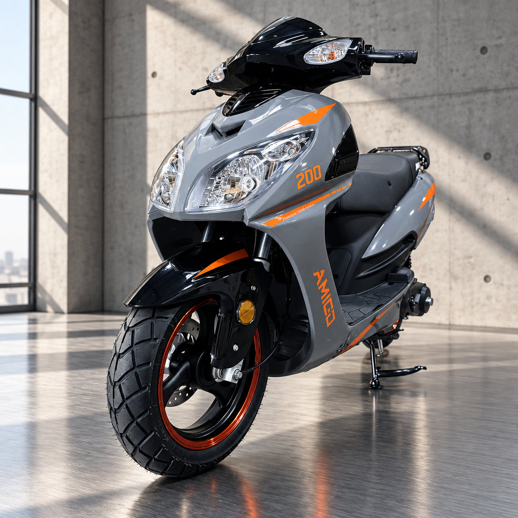 Gray Amigo Phenom 200 scooter with orange stripe and dual headlights
