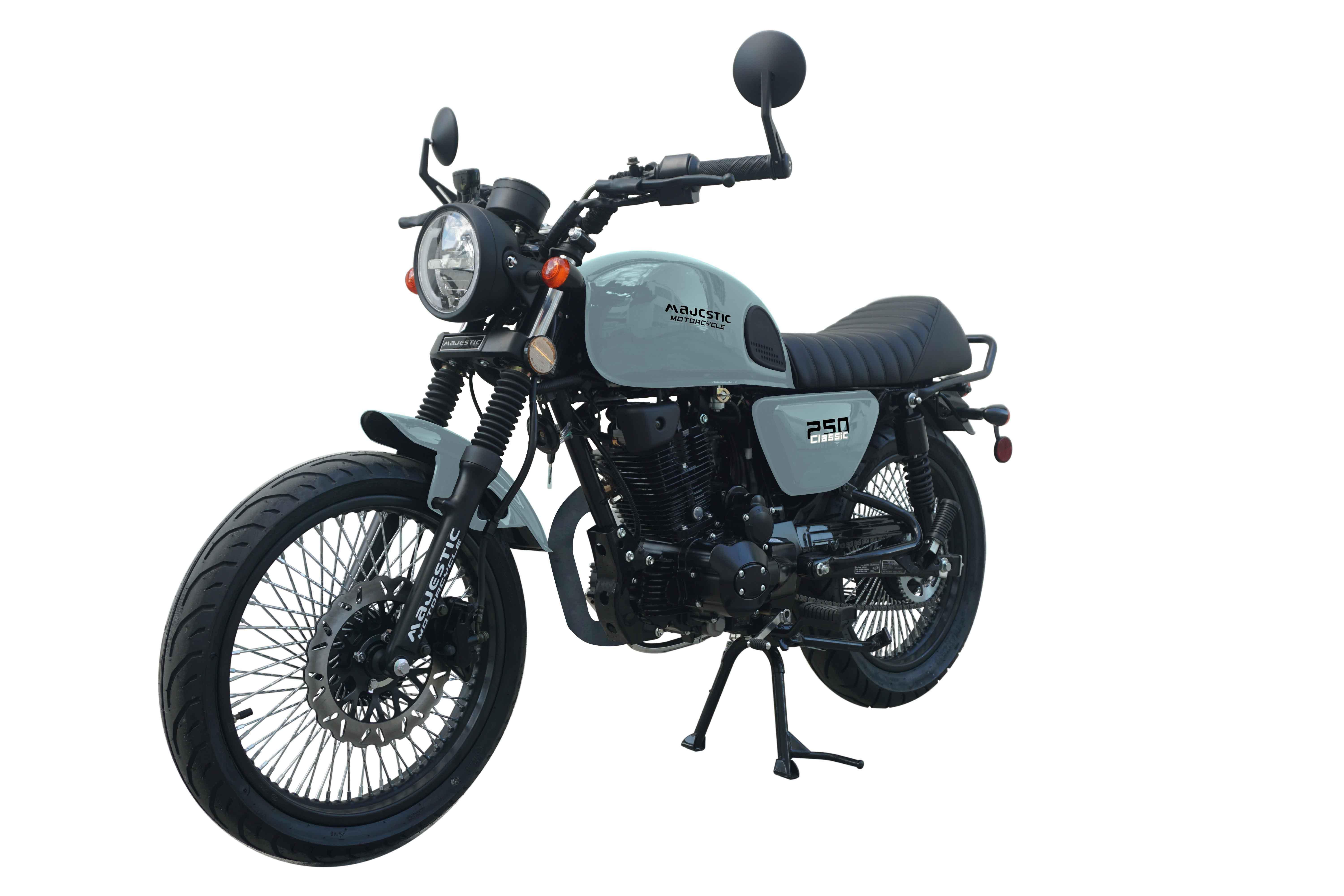 Majestic 250 Classic motorcycle with sleek gray design and black accents, ideal for urban rides.