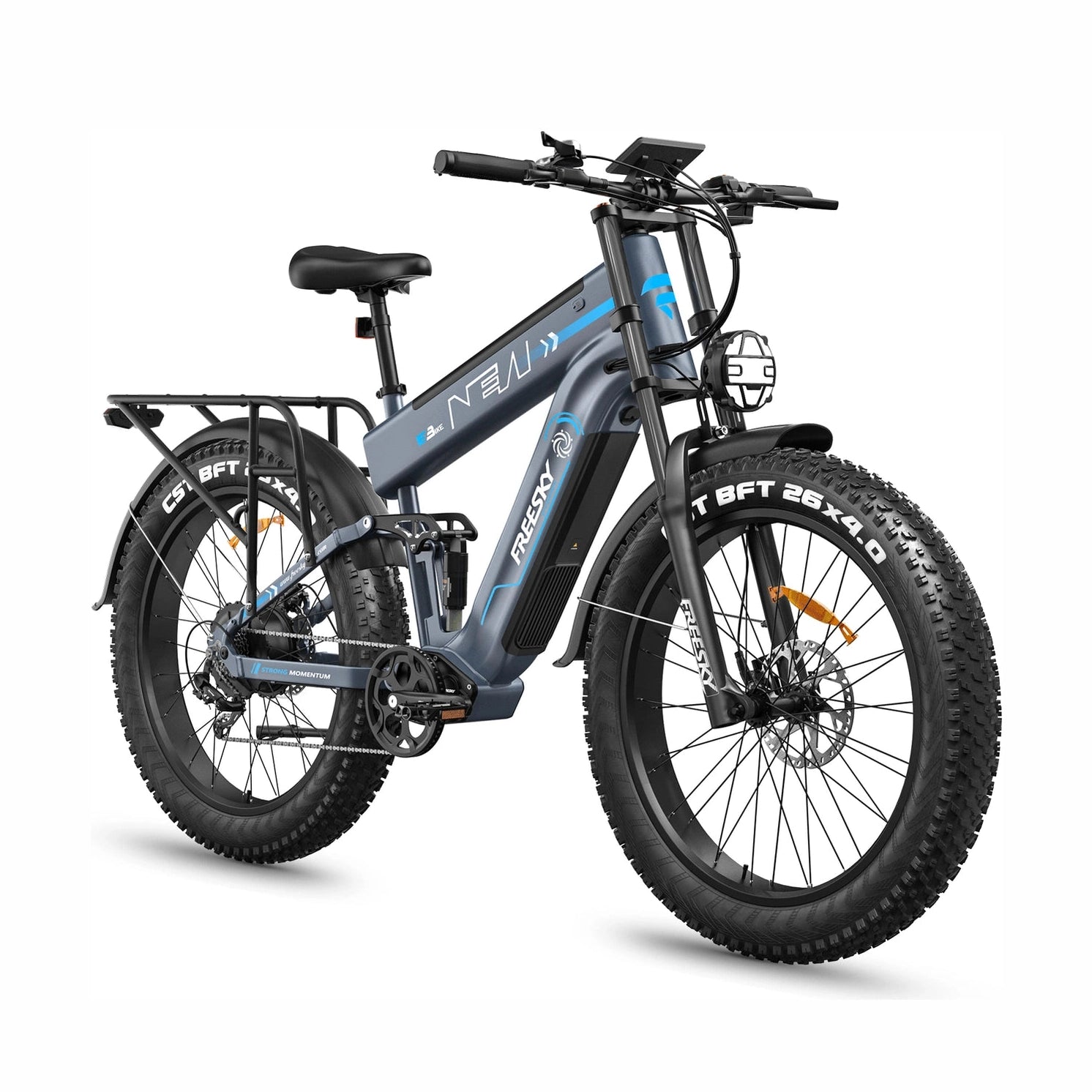Freesky Alaska Pro M-520 matte blue-grey electric fat tire bicycle with CST BFT tires and rear rack