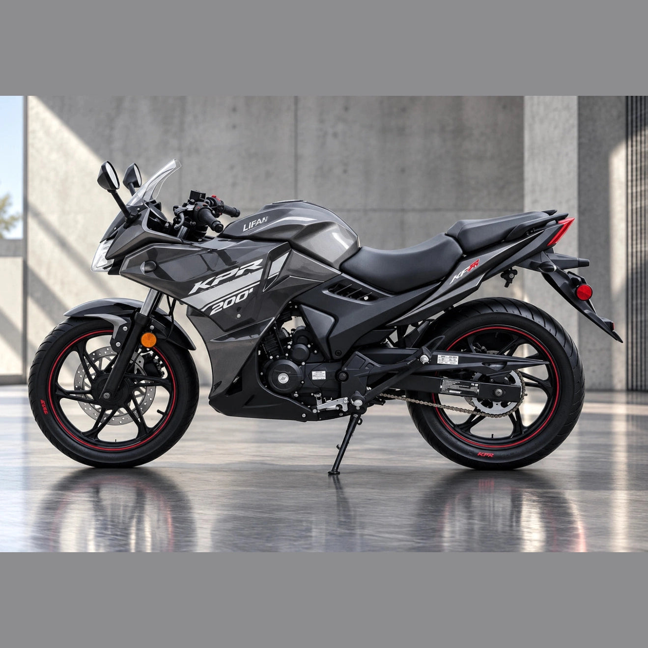 Matte grey Lifan KPR 200 motorcycle with white graphics
