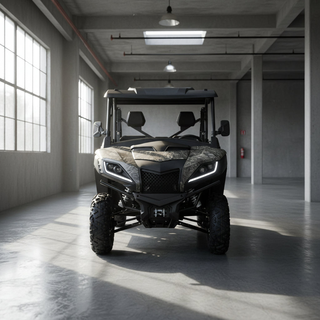 Dark gray Bighorn Explorer 550 UTV front view red tow hook grass