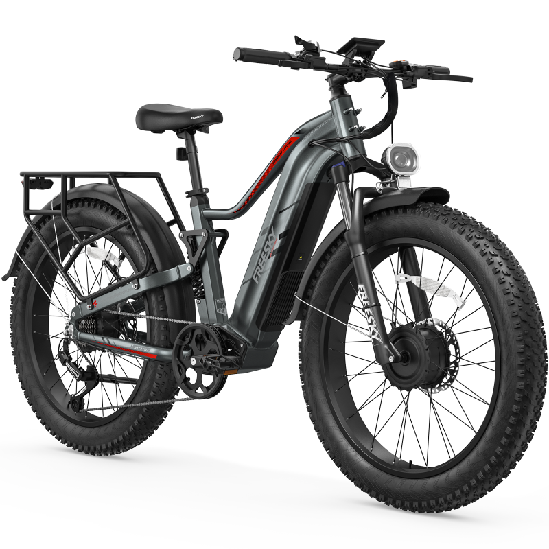 A matte dark gray electric fat tire bike with black components, red accent lines, and a rear cargo rack, shown on a clean white background.