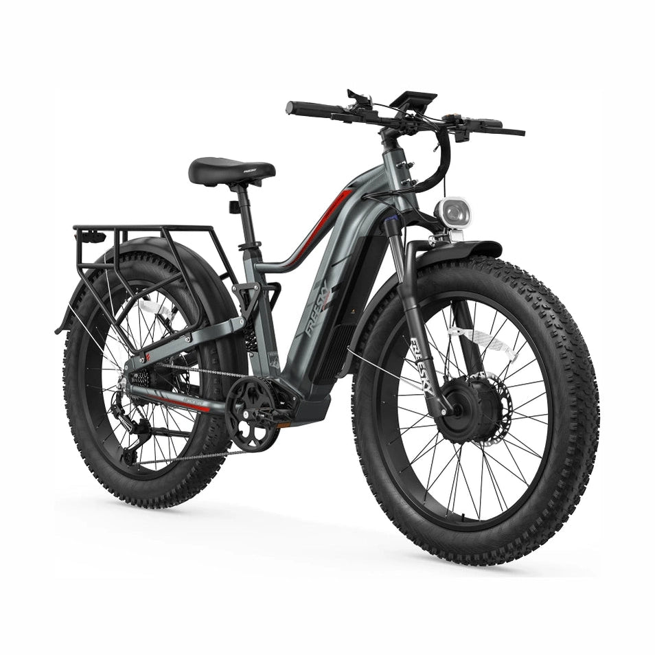 Dark grey metallic Freesky Eurostar Turbo M-410 fat tire e-bike with red stripes, rugged tires, and rack