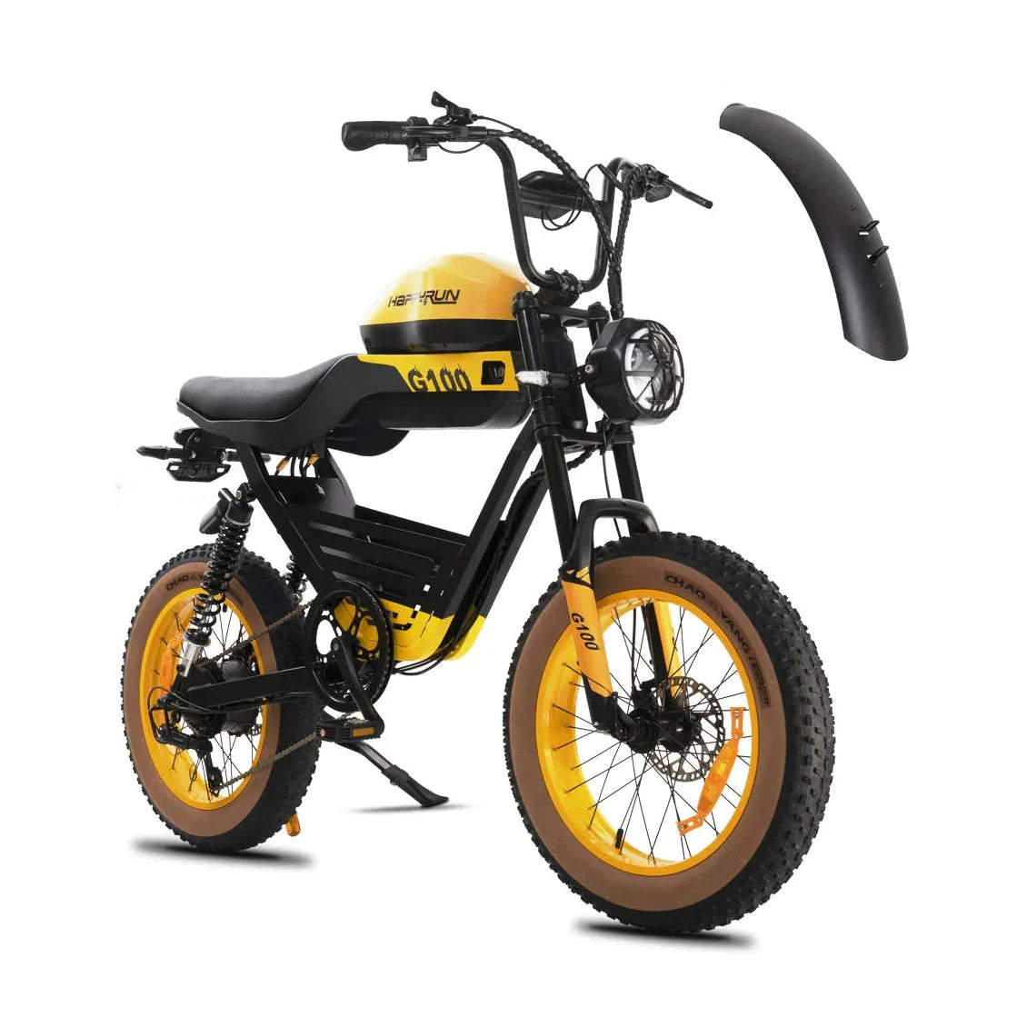 Happyrun Tank G100 electric bike studio shot showing detached fender and disc brakes