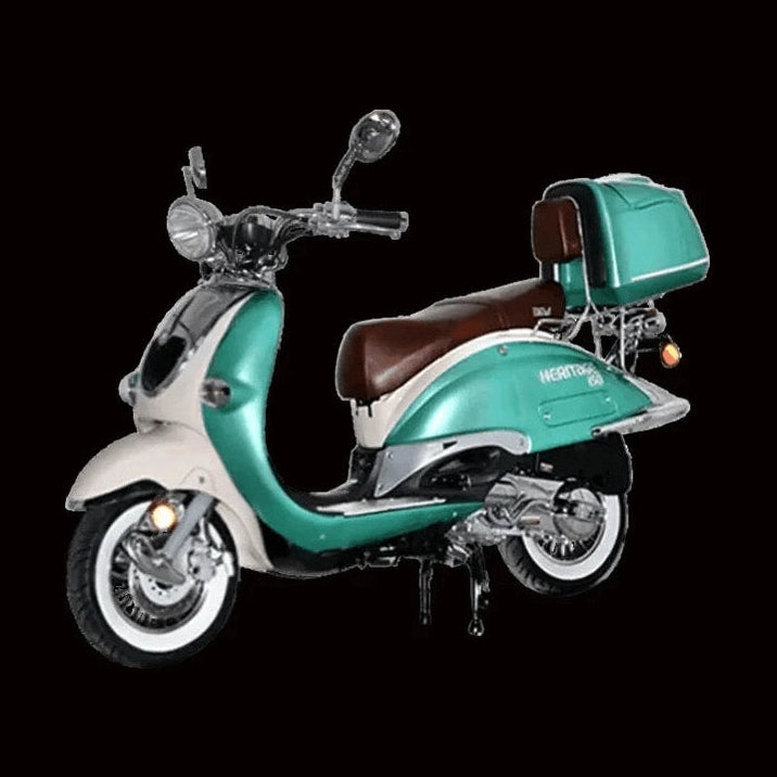 BMS Heritage 150 teal green and cream scooter with chrome detailing, whitewall tires, and matching rear storage box