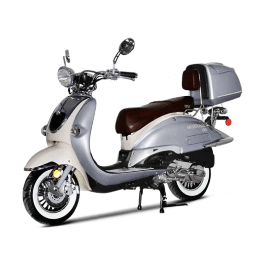 BMS Heritage 150 metallic silver and cream scooter with chrome engine components, whitewall tires, and storage box