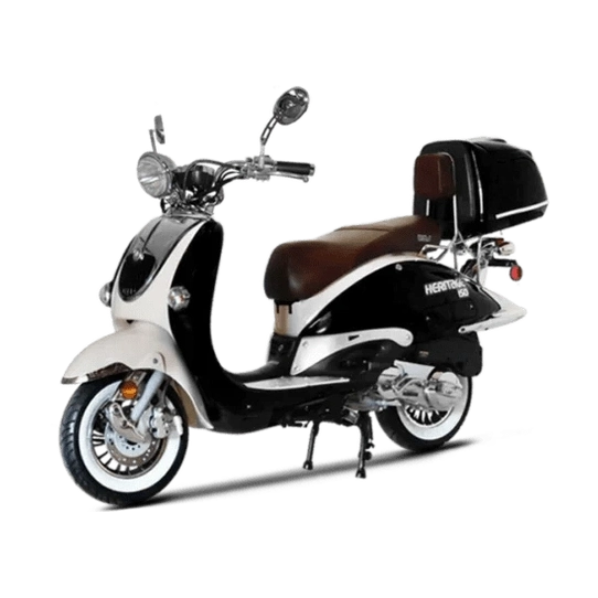 BMS Heritage 150 black and cream two-tone scooter with brown seat, chrome mirrors, whitewall tires, and trunk