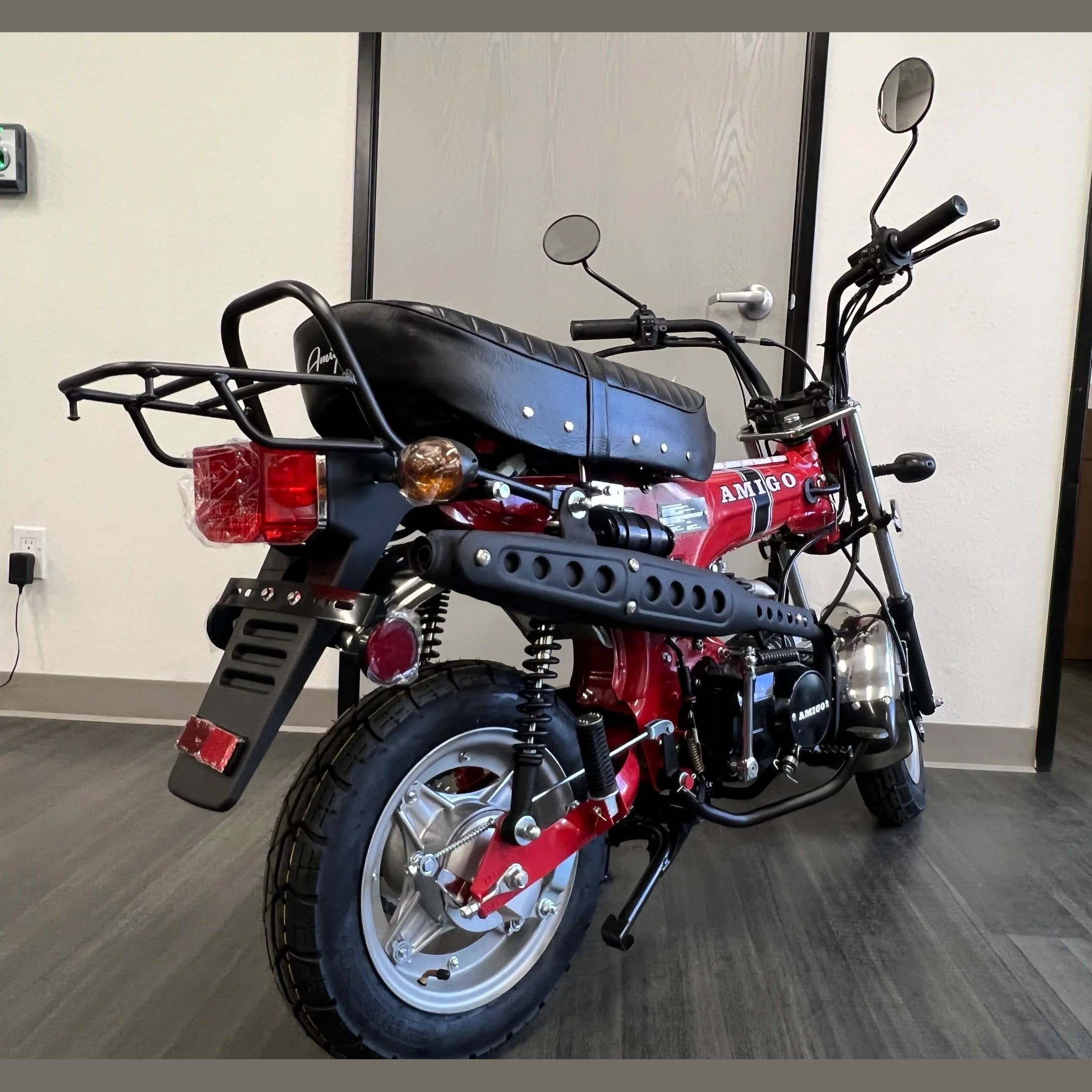 Red Amigo Rocky 125cc mini motorcycle rear view with perforated heat shield