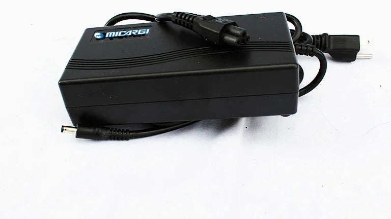 Micargi branded black battery charger with ribbed texture and dual cables