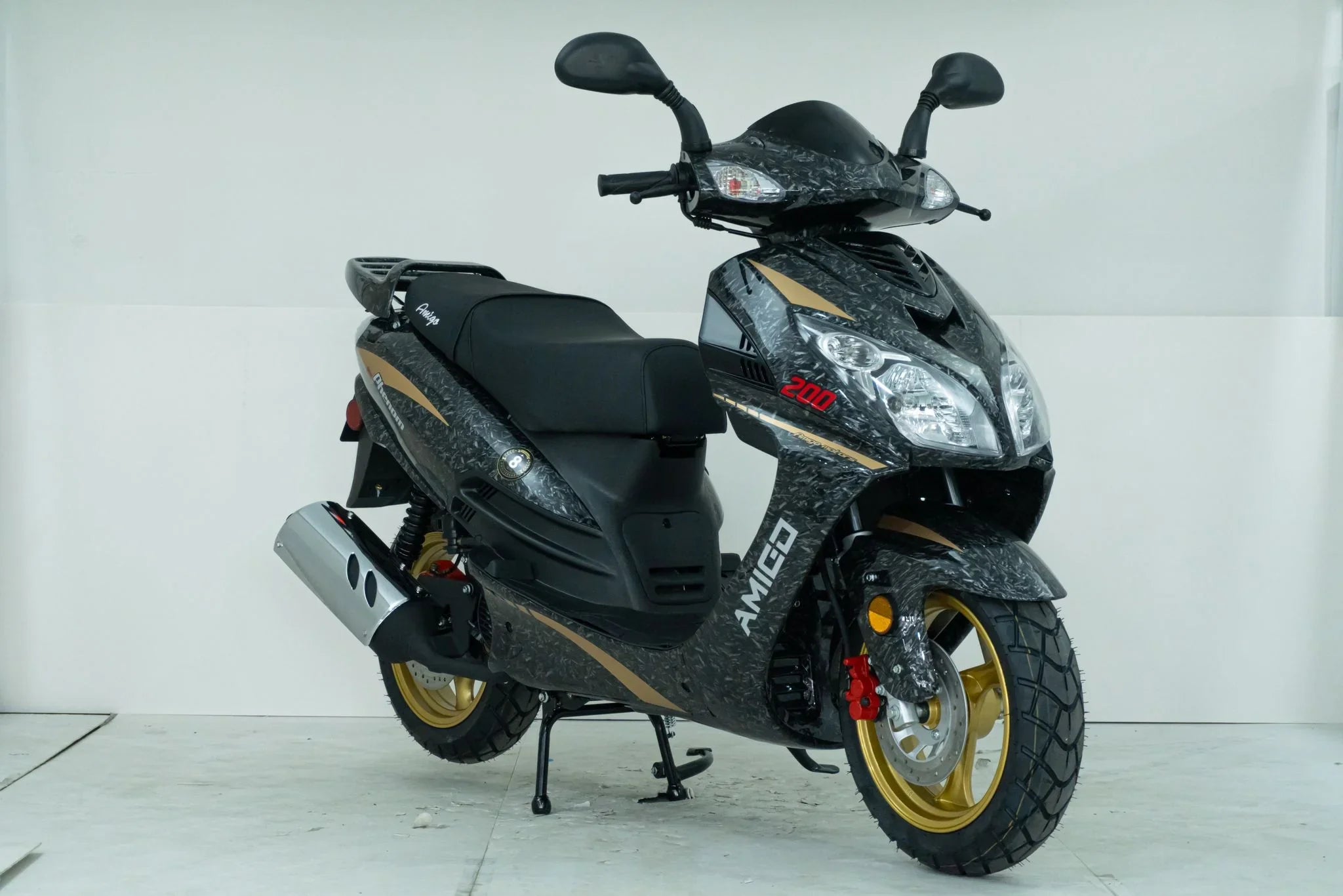 Black and gold Amigo 200cc scooter with rugged tires and sleek design