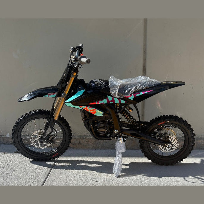 Front angle black Surron Hyper Bee electric dirt bike turquoise pink