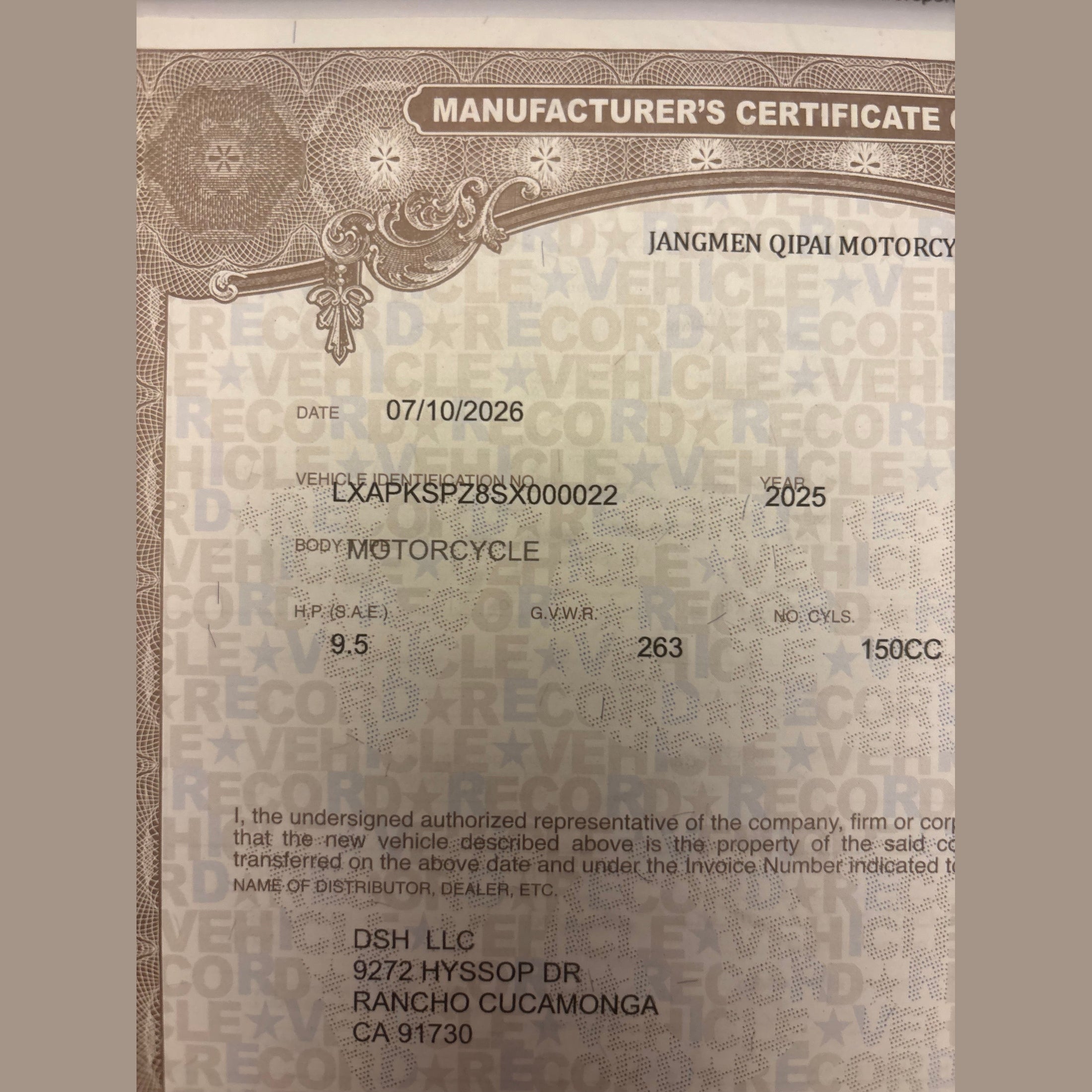 Surron Ultra Bee R manufacturer certificate showing 2025 model year and VIN details