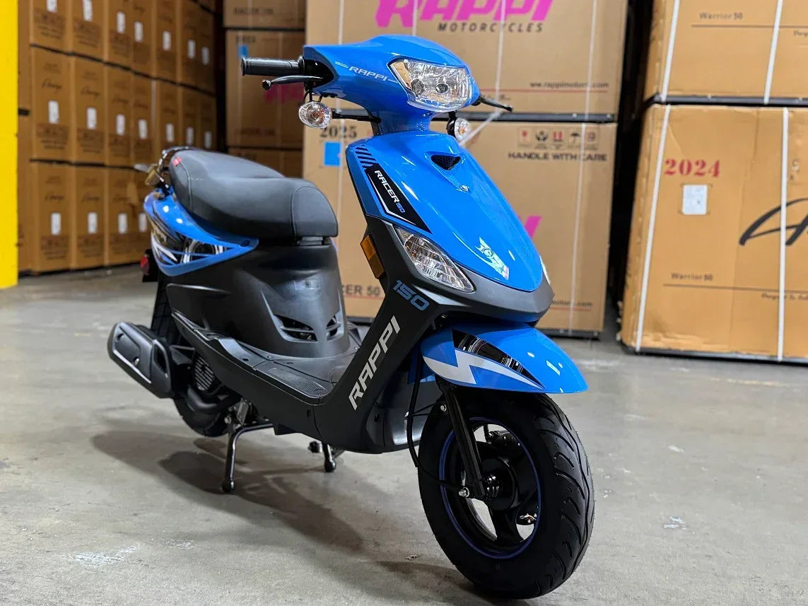 Blue Rappi Racer 150 scooter in warehouse, ideal for urban commuting and powersports enthusiasts.