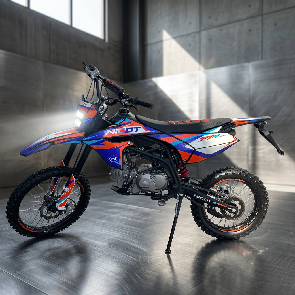 Side view of blue and orange Nicot PT2 125W dirt bike with LED headlight