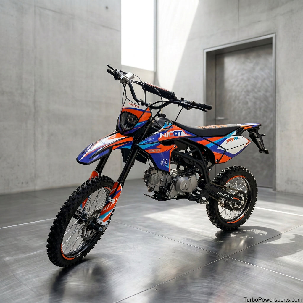 Full view of Nicot PT2 125W dirt bike with orange and blue graphics