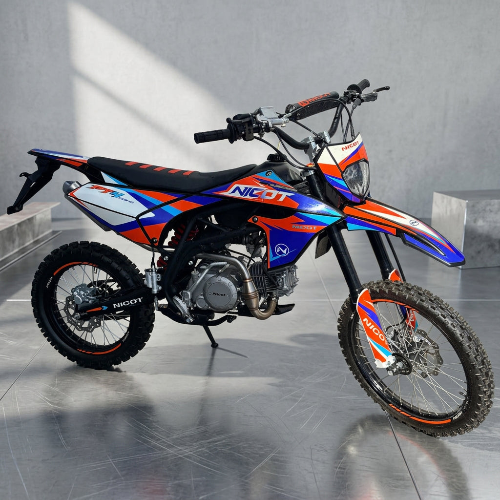 Side profile of Nicot PT2 dirt bike showcasing fairings and red suspension