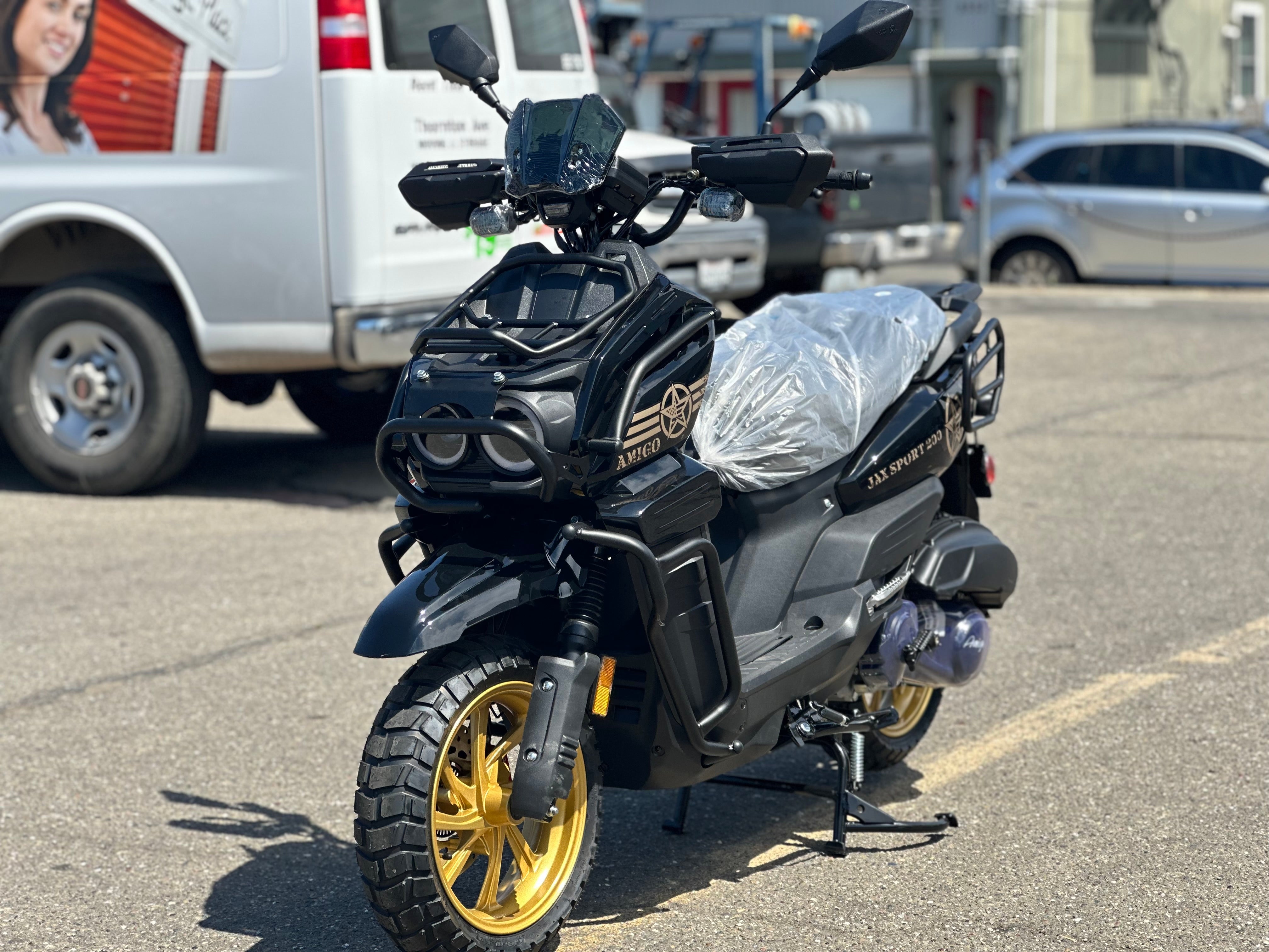 Black Amigo Jax Sport 200cc scooter with gold accents front angle