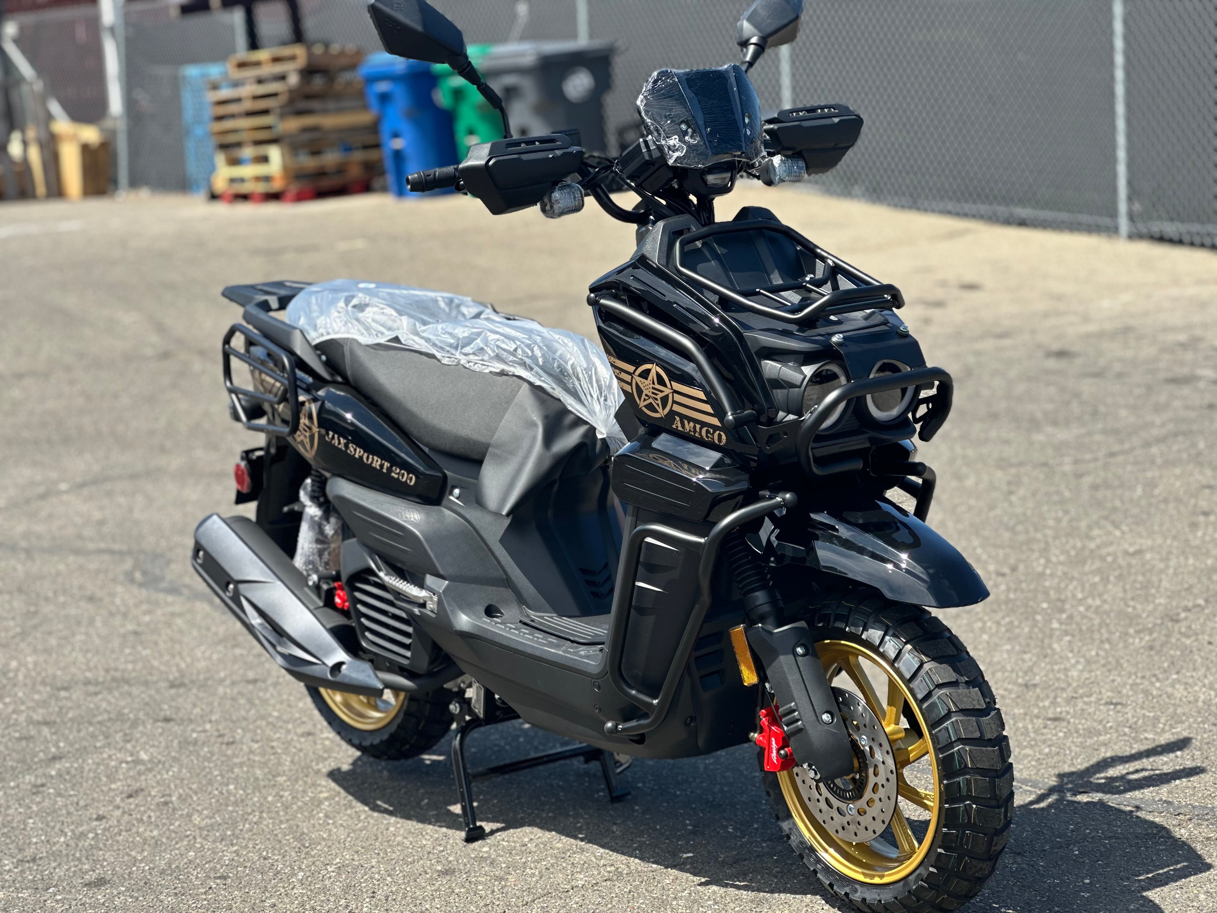 New Amigo Jax Sport 200cc motor scooter with plastic wrap