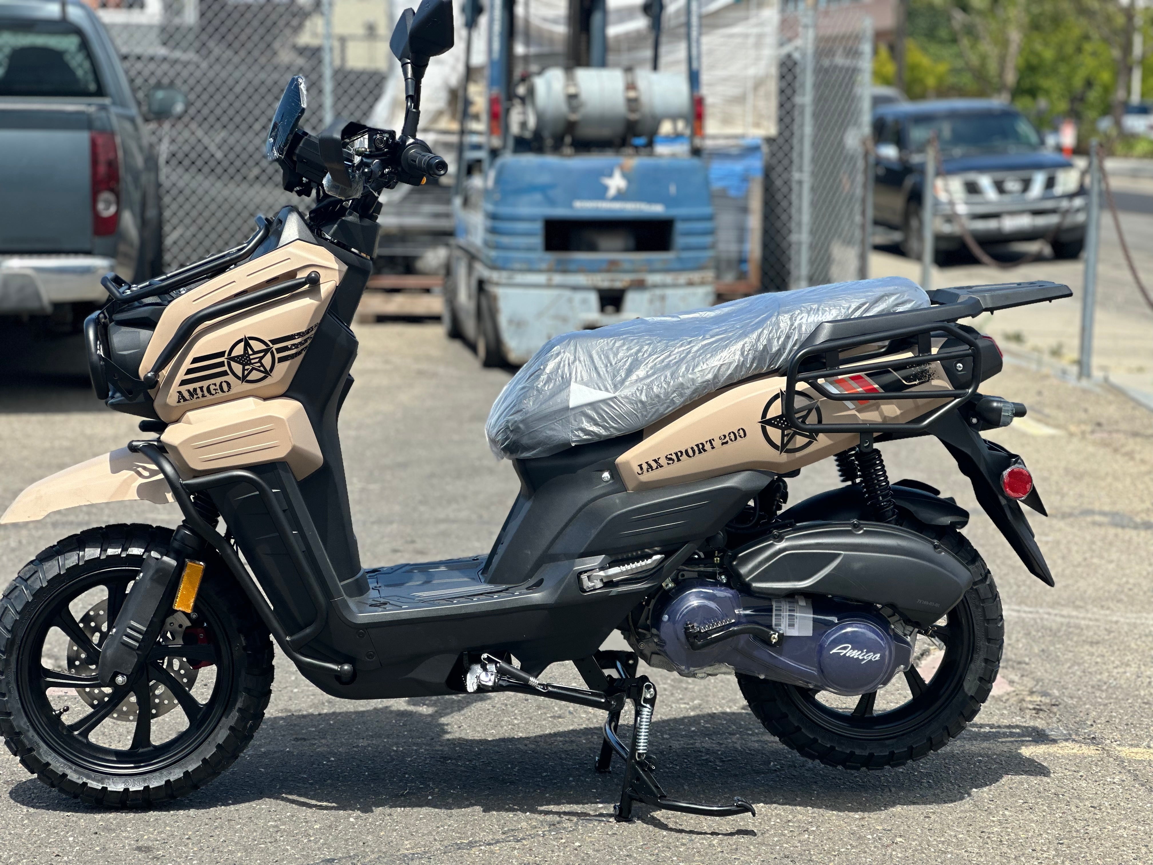 Beige and black Amigo Jax Sport 200cc scooter side profile