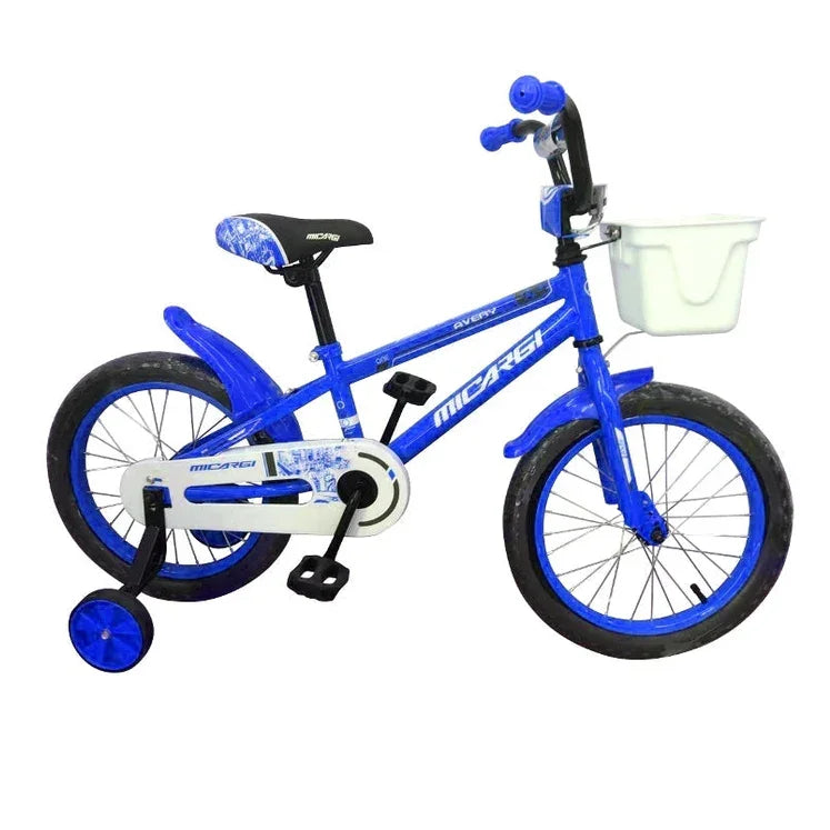 Micargi Jakster 16 inch blue kids BMX bike with training wheels and basket