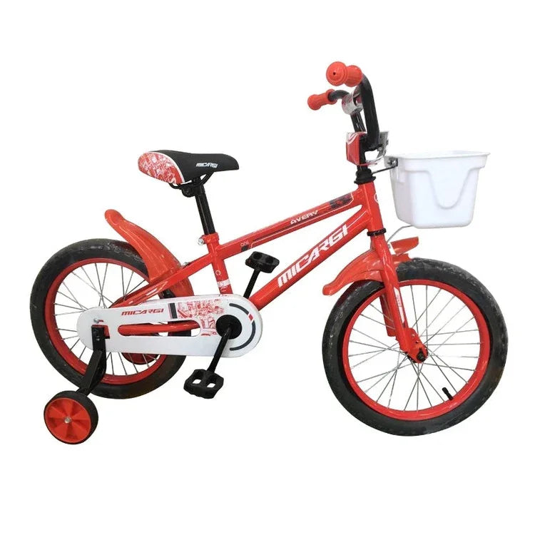 Micargi Jakster 16 inch red kids BMX bike with training wheels and basket