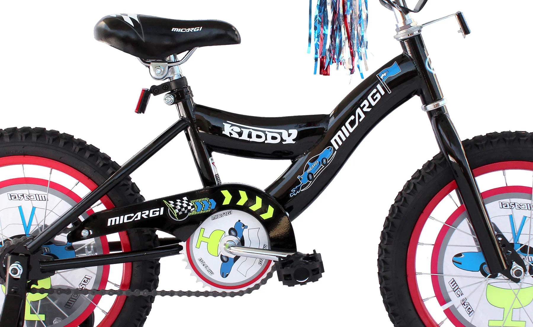 Black Micargi Kiddy kids' bike with red rims, colorful streamers, and racing decals for young riders
