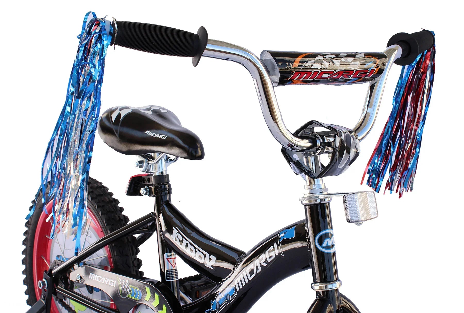Black kids' bike with colorful streamers, chrome handlebars, and Micargi branding for outdoor fun.