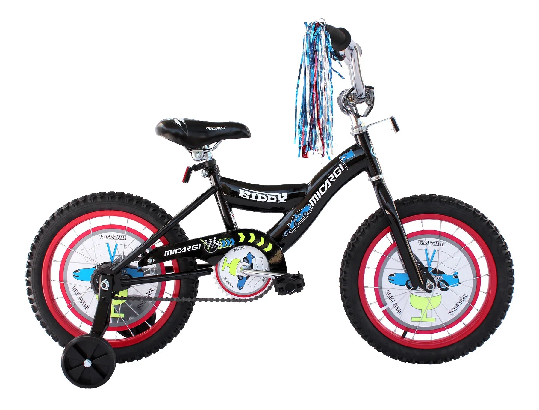 Black kids' bike with red rims, training wheels, and colorful streamers for young riders