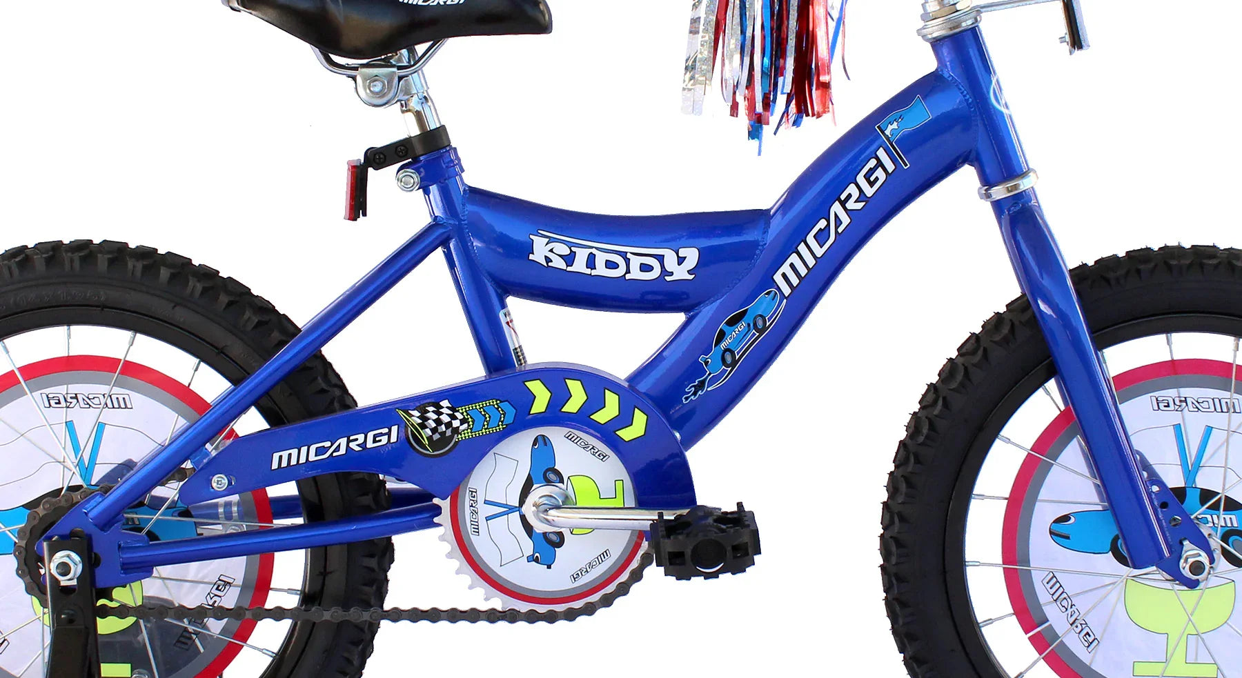 Blue Micargi Kiddy kids' bike with colorful decals and streamers