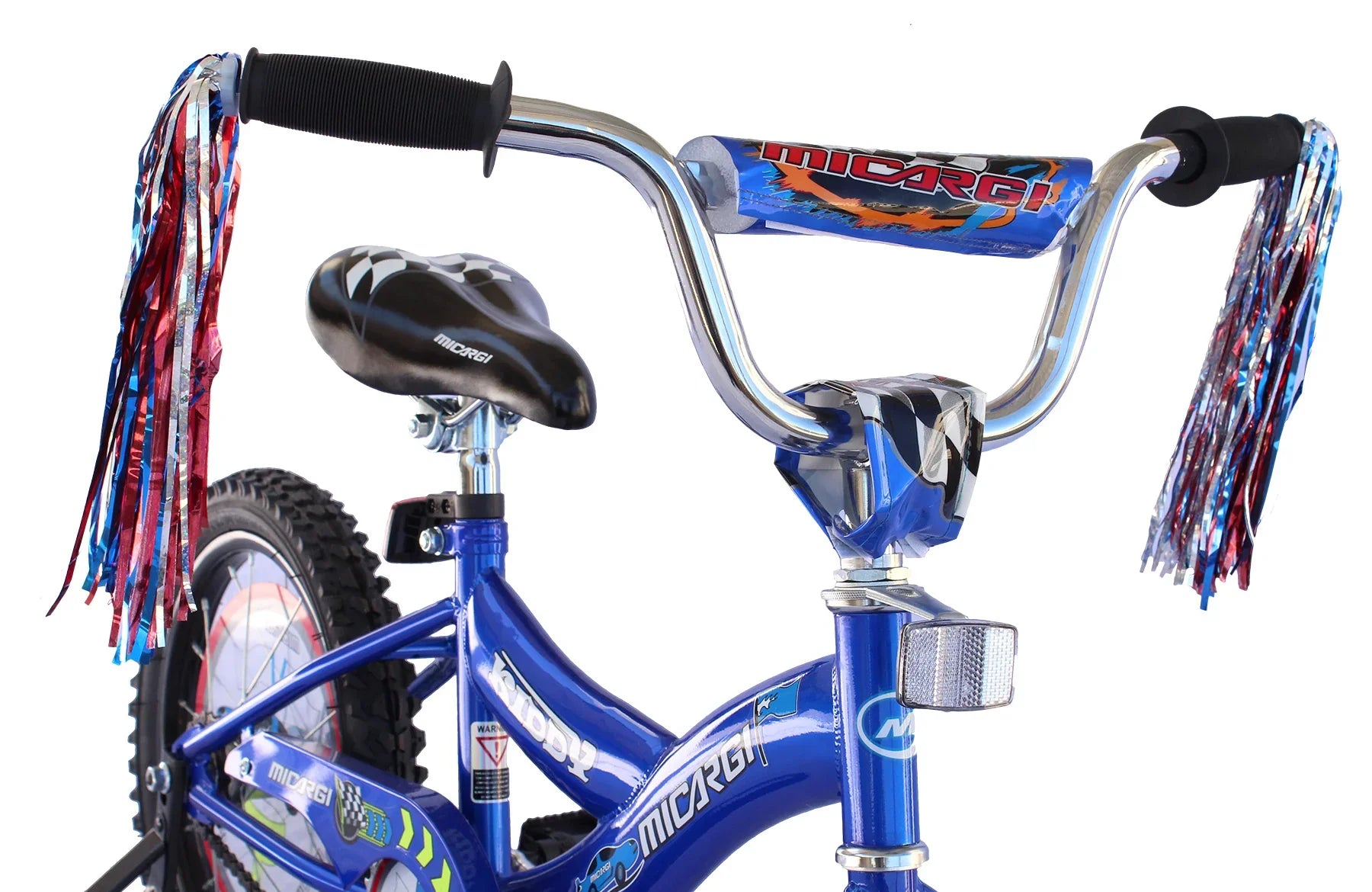 Blue kids' bike with chrome handlebars, colorful streamers, and Micargi branding for young riders