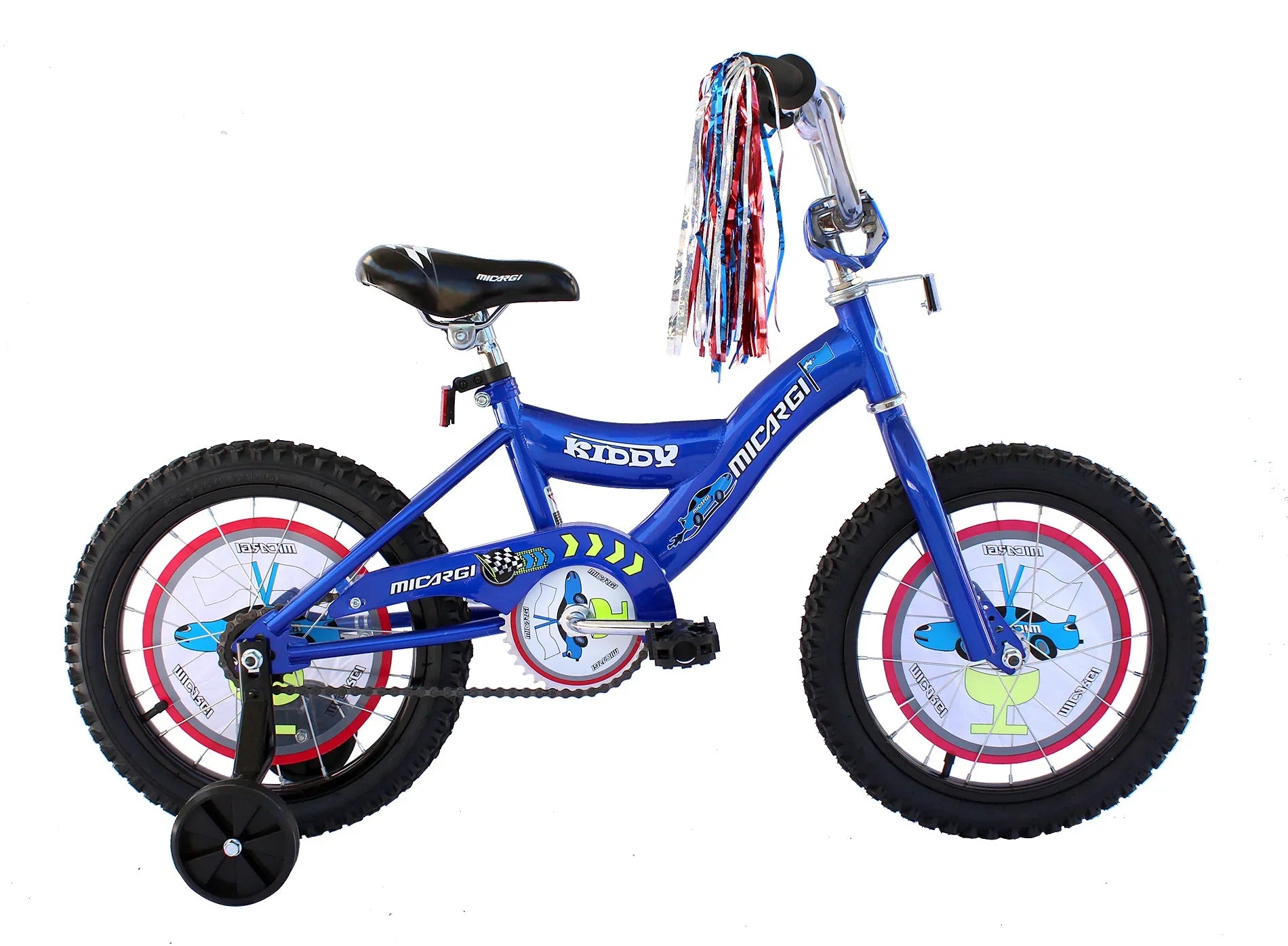 Blue kids' bicycle with training wheels, colorful streamers, and racing decals for young riders