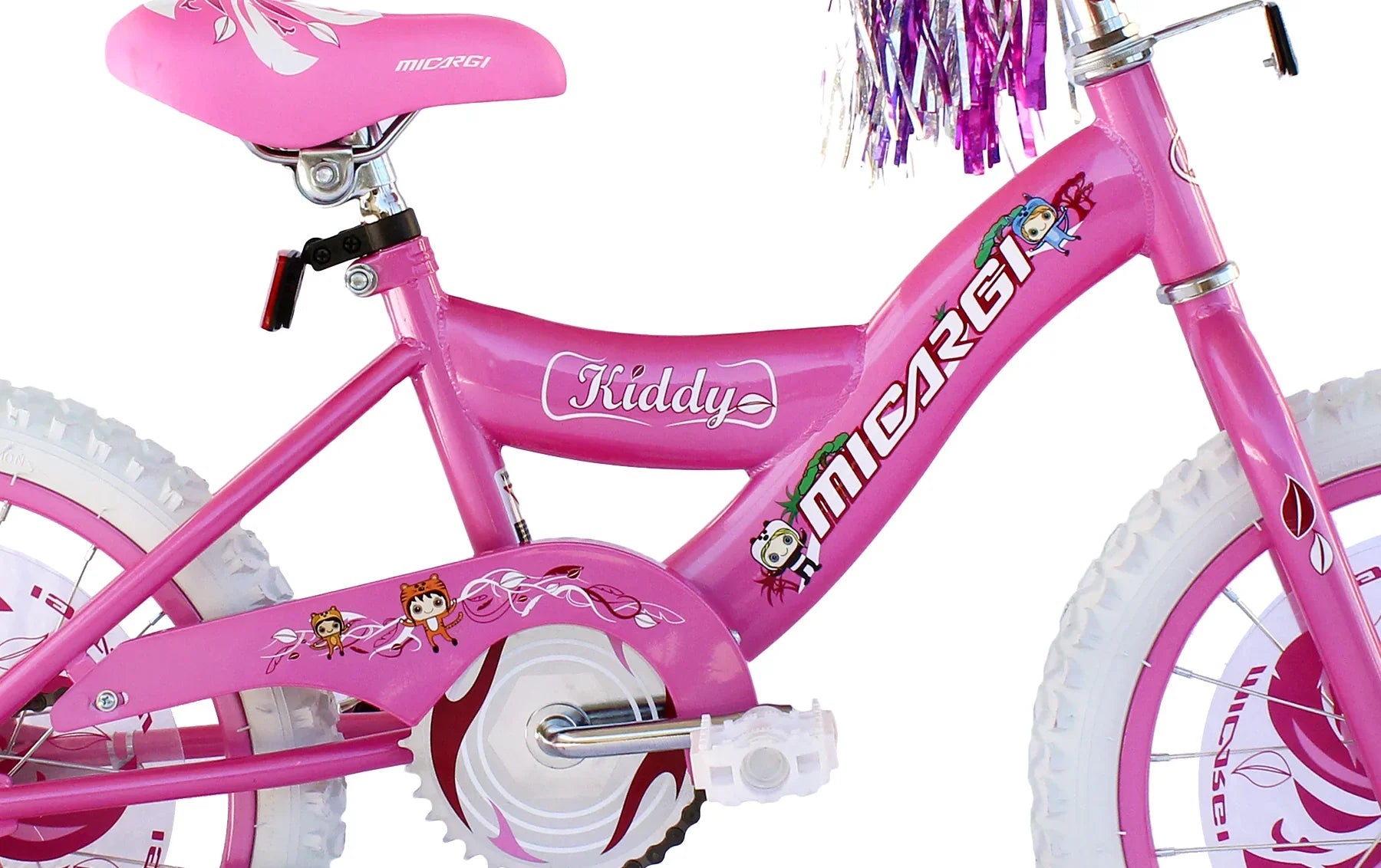 Pink Micargi Kiddy kids' bike with white tires, floral decals, and purple streamers for young riders