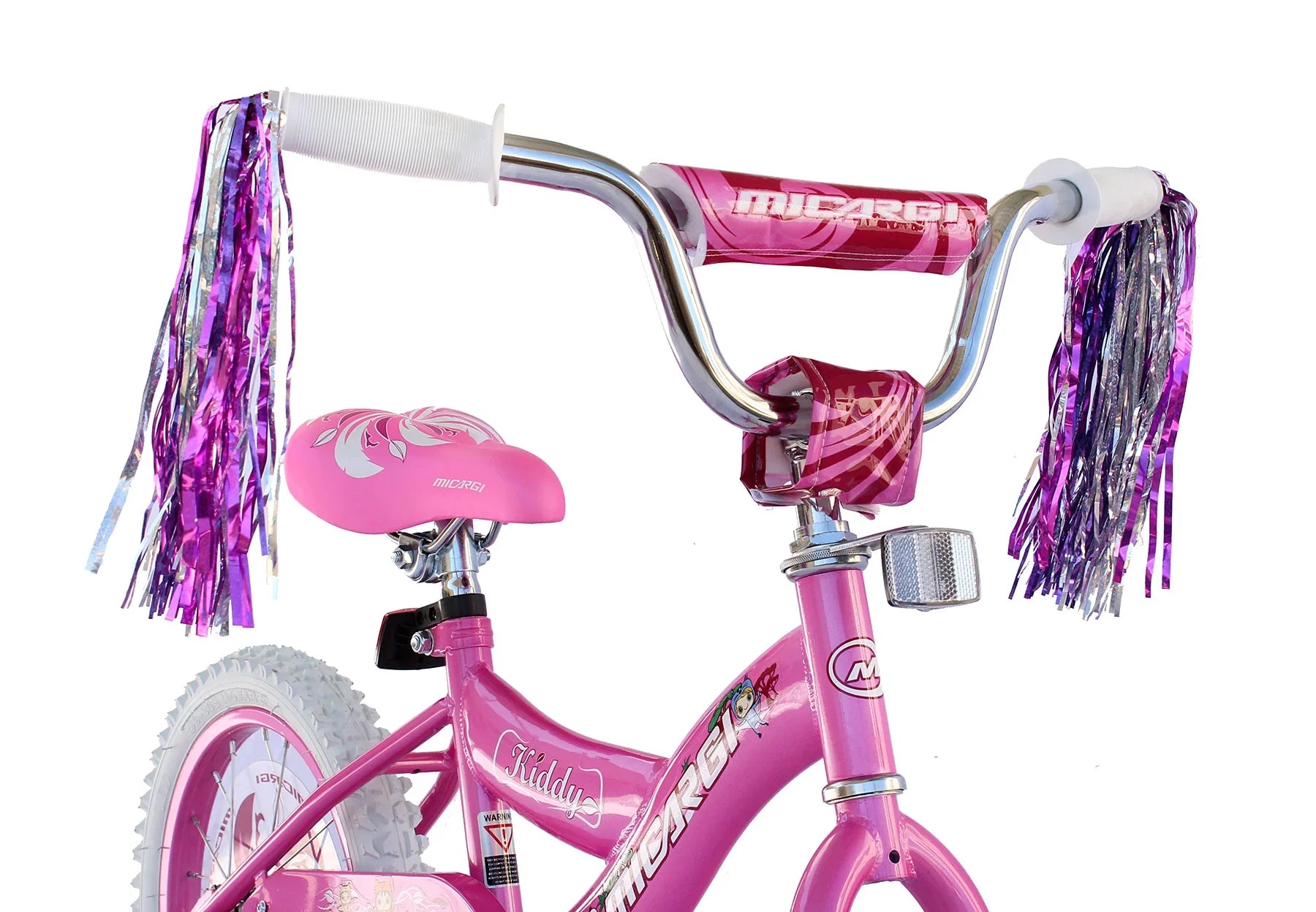 Pink kids' bicycle with purple streamers and 'Kiddy' branding, ideal for young riders.