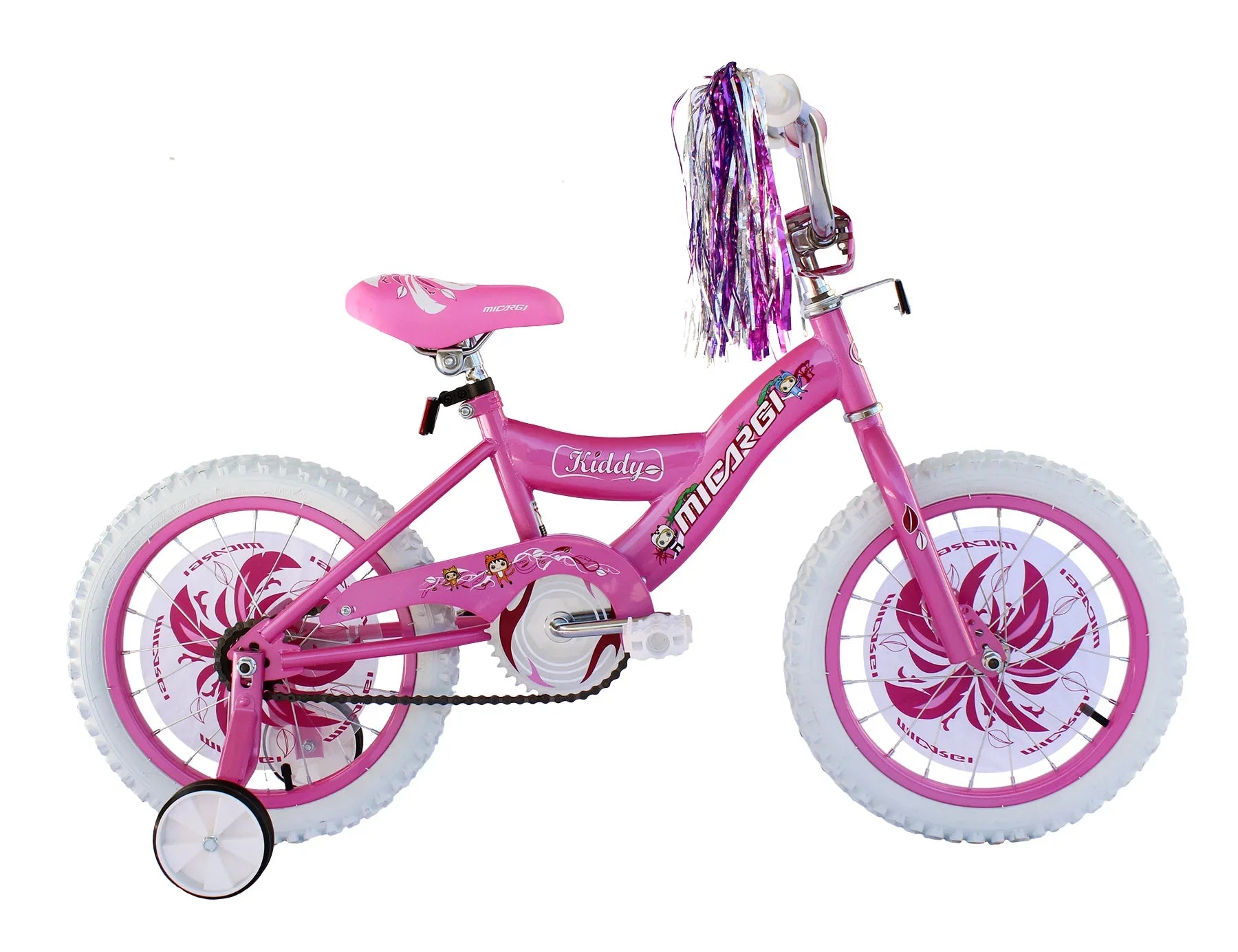 Pink kids' bike with training wheels, purple tassels, and floral decals for young riders