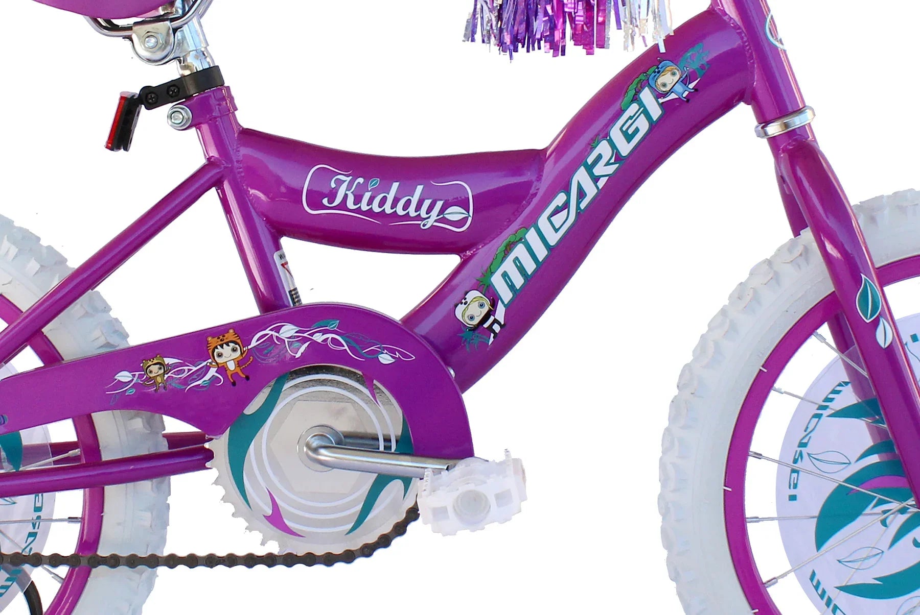 Purple Kiddy Micargi kids bike with white tires and playful decals