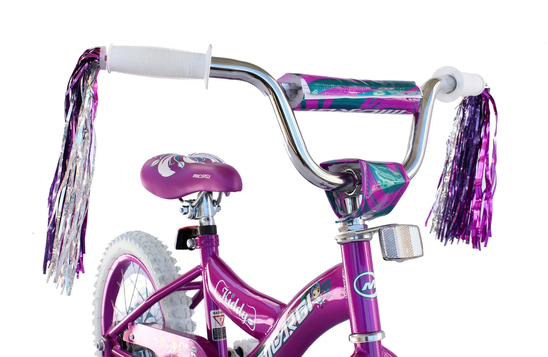 Purple kids' bike with shiny tassels, chrome handlebars, and colorful graphics for young riders