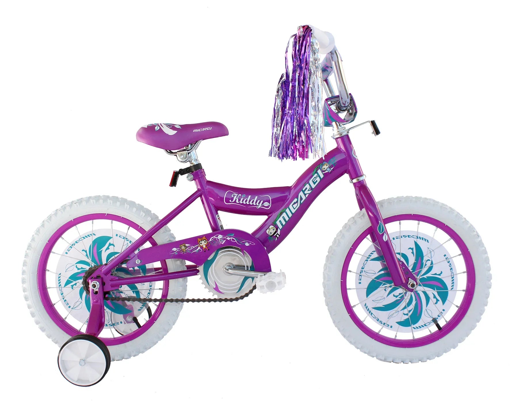 Purple kids' bike with training wheels, streamers, and floral decals for young riders