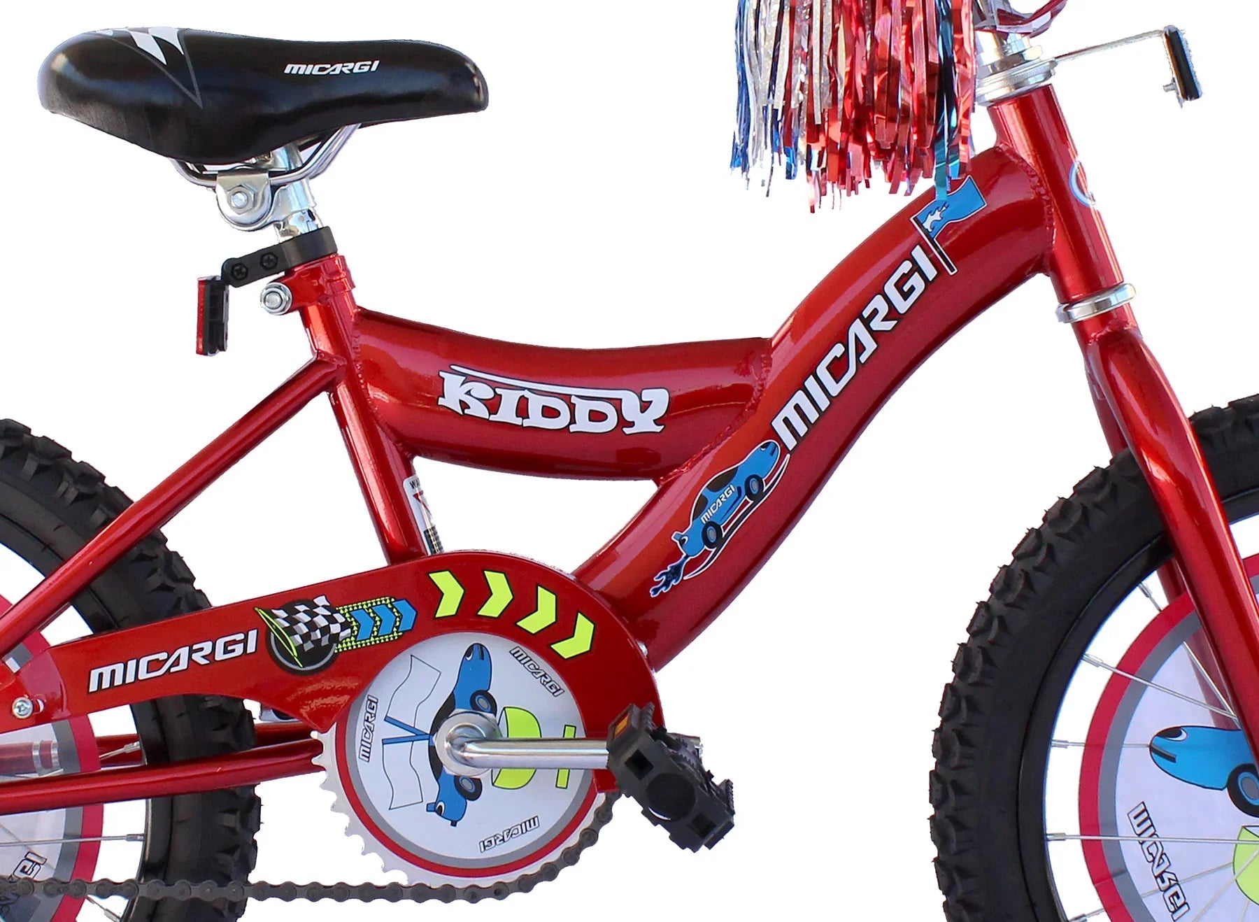 Red Micargi Kiddy kids' bike with colorful decals and streamers