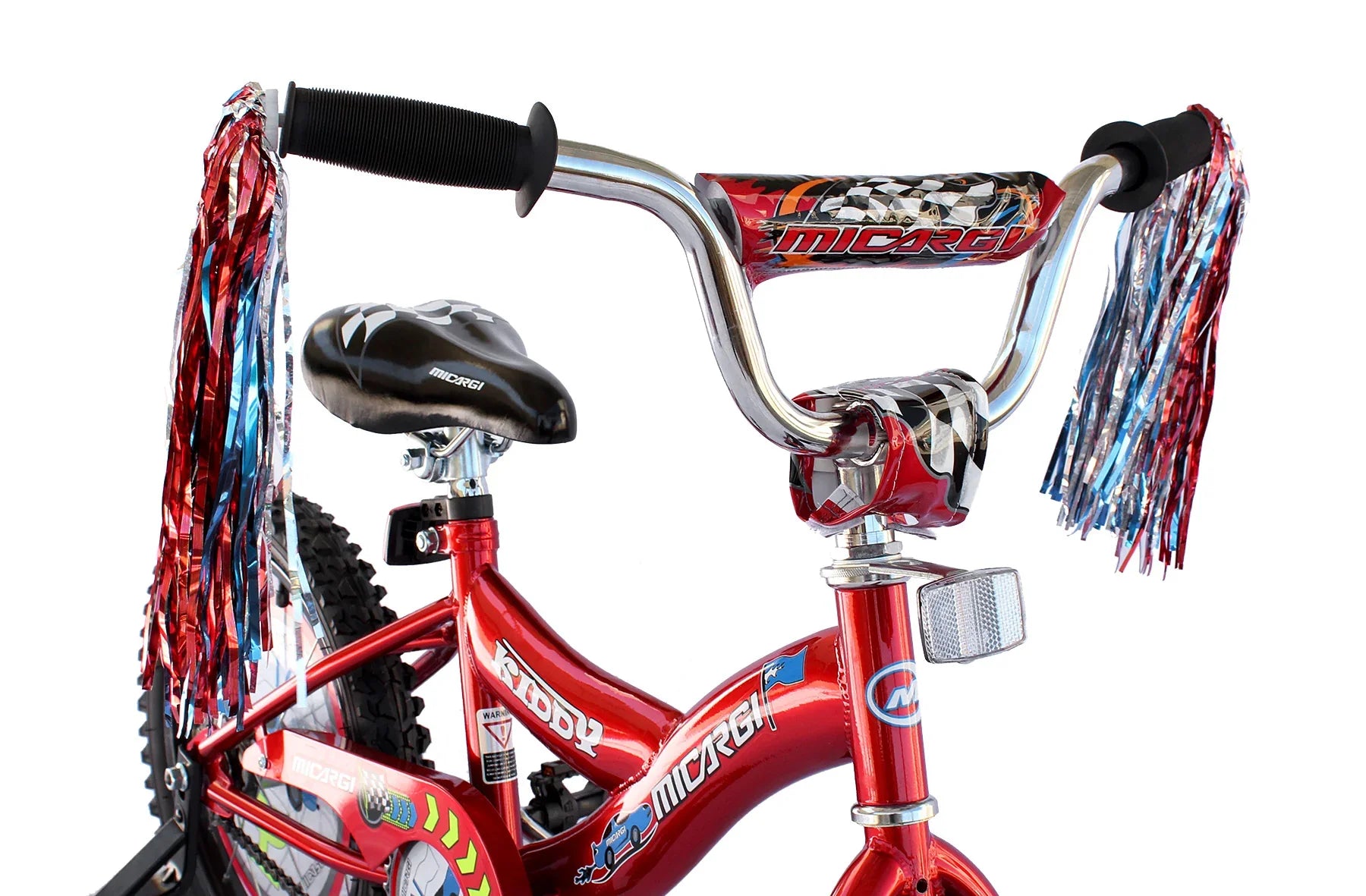 Red kids' bike with Micargi branding, chrome handlebars, and colorful streamers for fun outdoor rides.