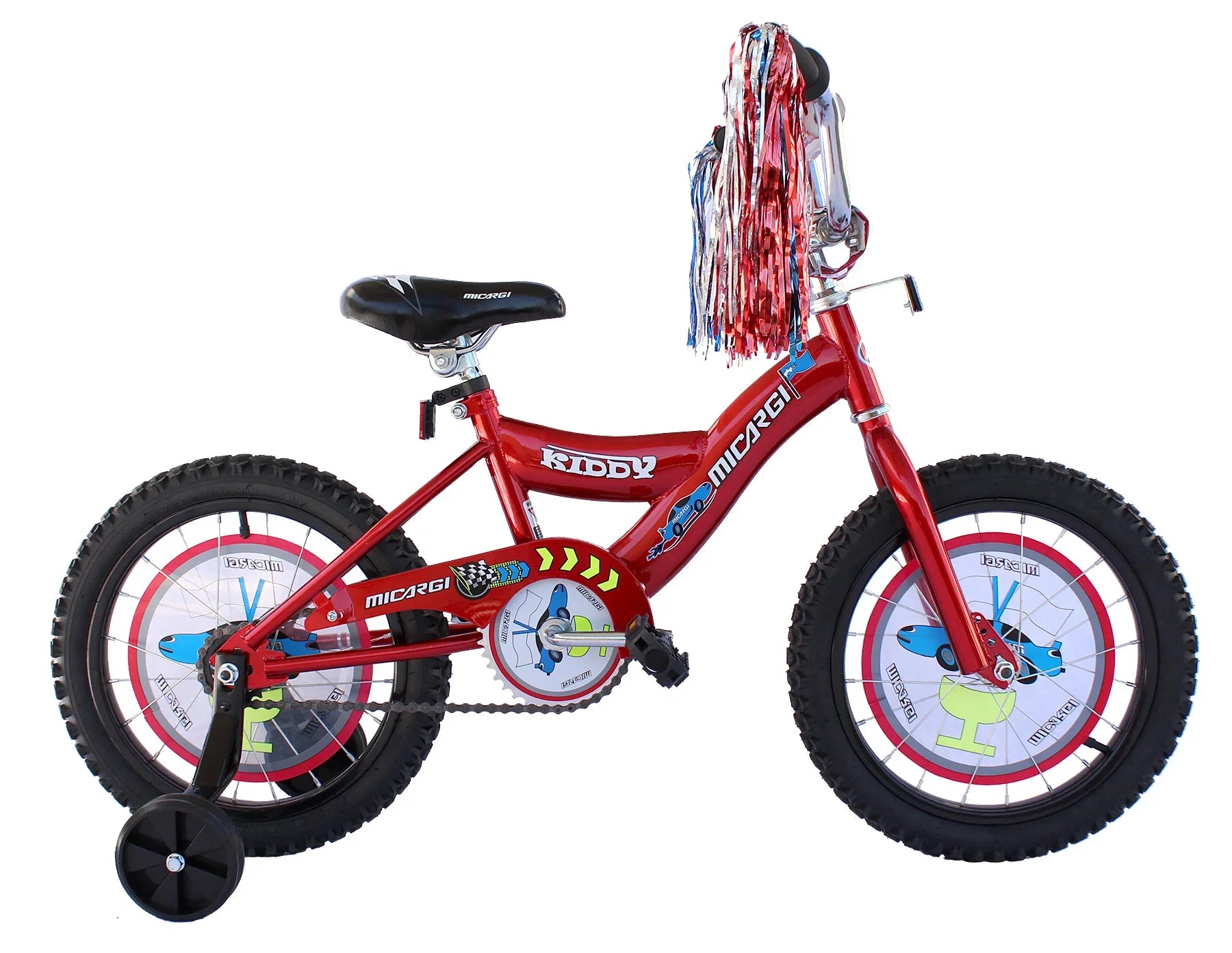 Red kids' bike with training wheels, colorful streamers, and Micargi branding for young riders