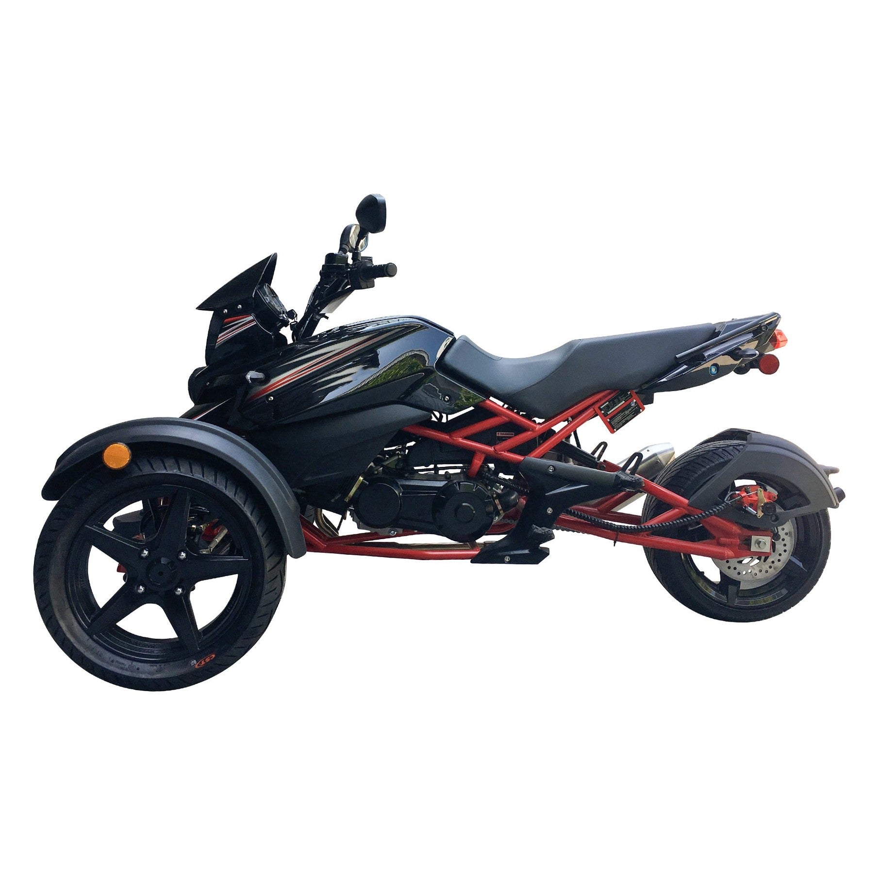 Black Cougar SX200 trike side profile highlighting red tubular frame and disc brakes