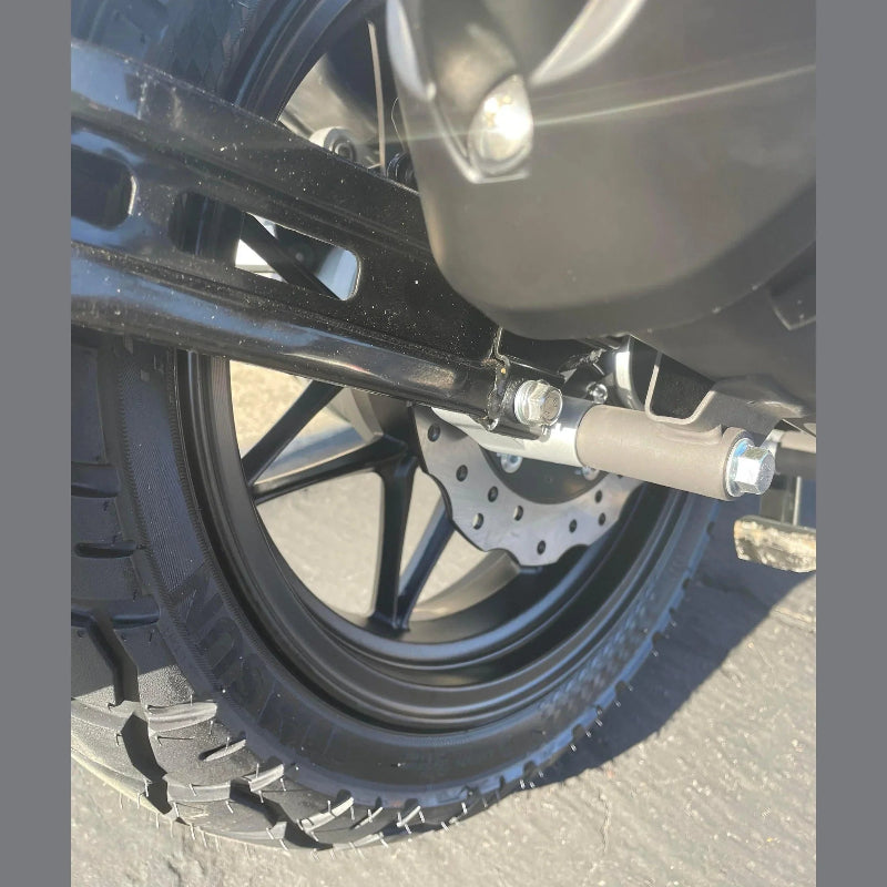 Lifan KPV 150 ADV rear suspension shock absorber and knobby tire detail