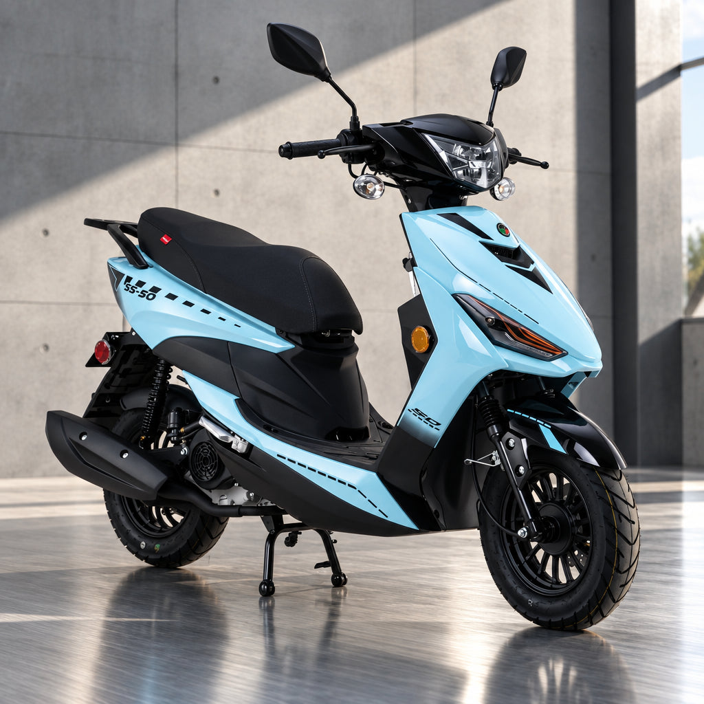 Light blue and black Amigo SS-200 scooter side profile