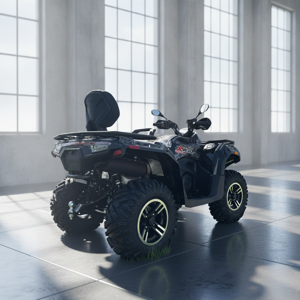 Black and grey digital camouflage Loncin XWolf 550L utility ATV with rear cargo rack and gold rims