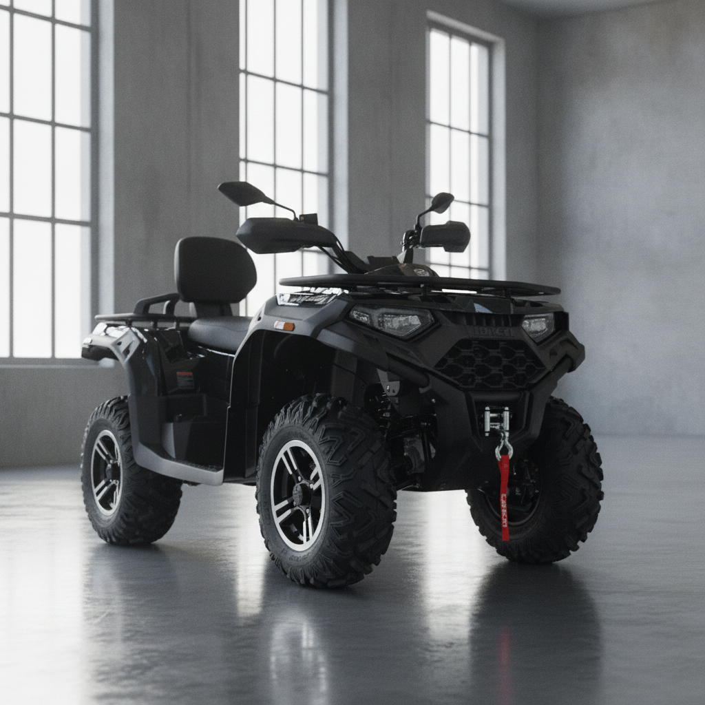 Matte black Loncin XWolf 550L two-passenger ATV with aggressive off-road tires and front winch strap