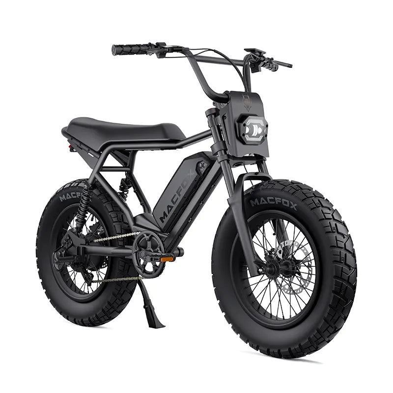 Matte black Macfox X2 Pro all-terrain electric mountain bike with full suspension and fat tires