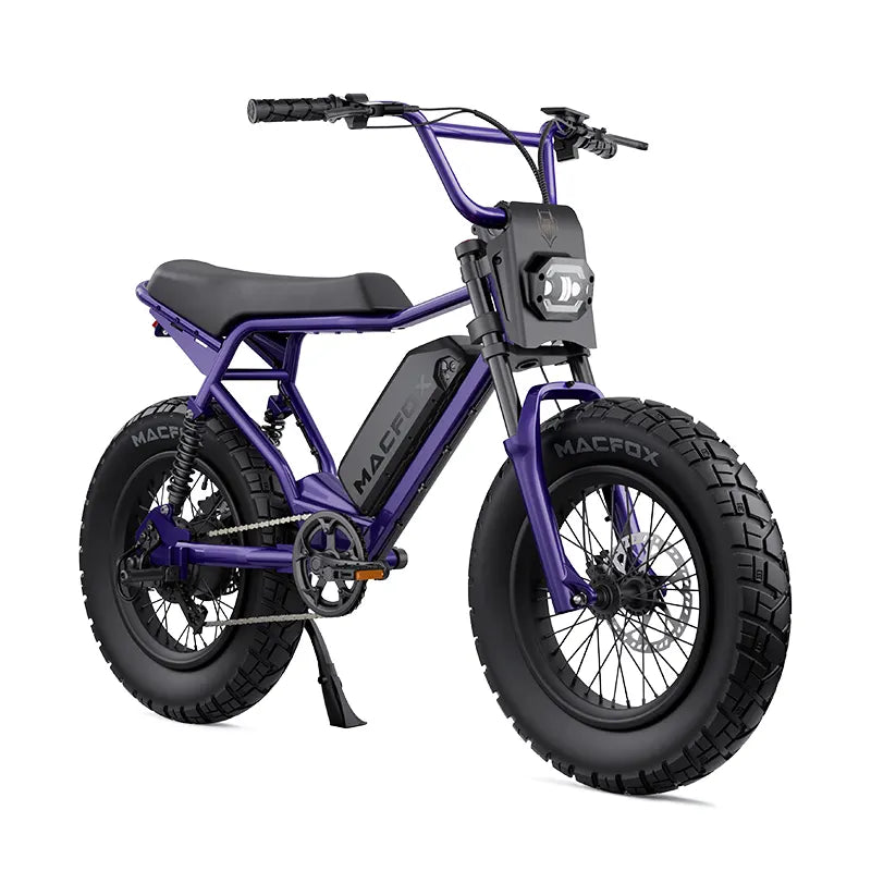 Purple Macfox X2 Pro full-suspension fat tire electric bike with dual battery and hydraulic brakes