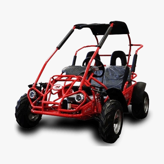 Red TrailMaster MID XRX go kart with black fabric roof