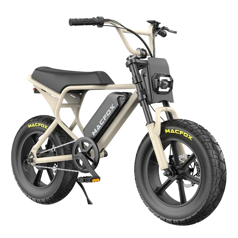 Beige Macfox M16 mini electric bike featuring integrated headlight and chain guard