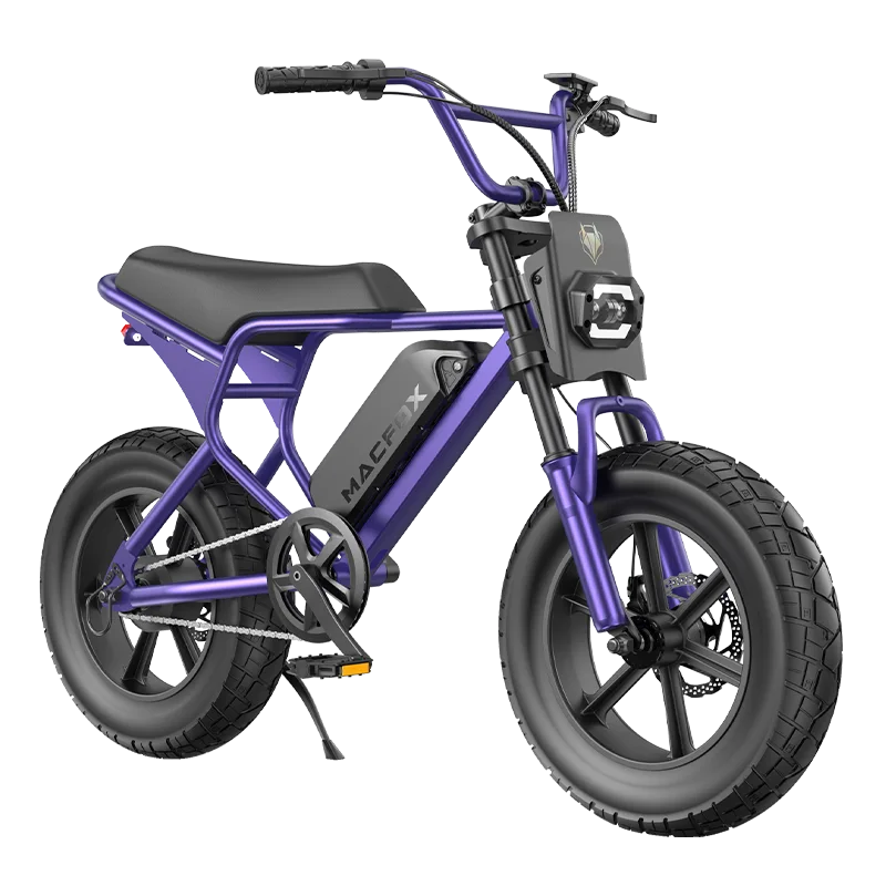 Purple Macfox M16 compact electric bicycle for teens with fat tires